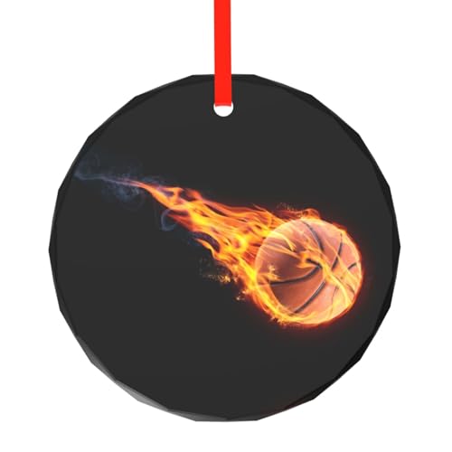 YZHYWJFF Basketball auf Feuer bedruckter runder Glasanhänger Weihnachtsbaumschmuck von YZHYWJFF
