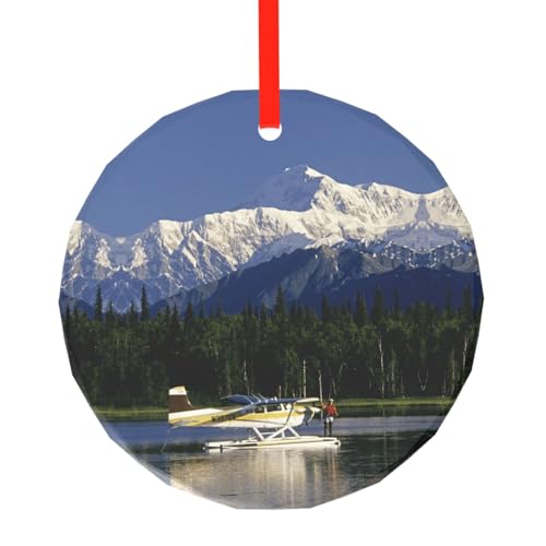 YZHYWJFF Bedruckter runder Glasanhänger mit Flugzeug am See, Weihnachtsbaumschmuck von YZHYWJFF