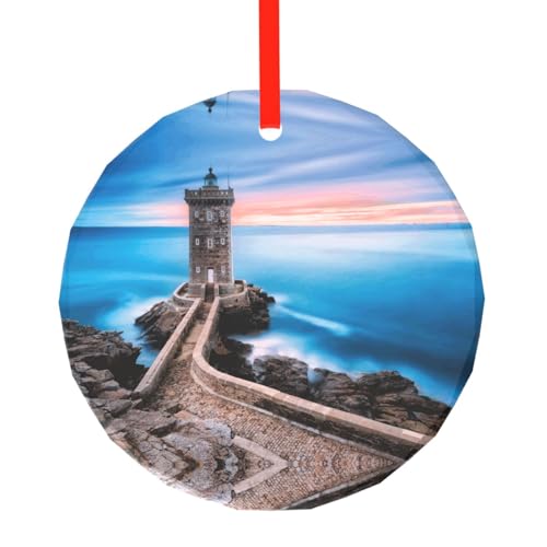 YZHYWJFF Bedruckter runder Glasanhänger mit Strand-Leuchtturm, Weihnachtsbaumschmuck von YZHYWJFF
