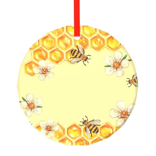 YZHYWJFF Biene in Blume bedruckter runder Glasanhänger Weihnachtsbaumschmuck von YZHYWJFF