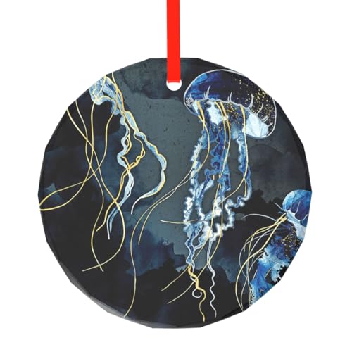 YZHYWJFF Blauer und goldener Quallen-bedruckter runder Glasanhänger, Weihnachtsbaumschmuck von YZHYWJFF