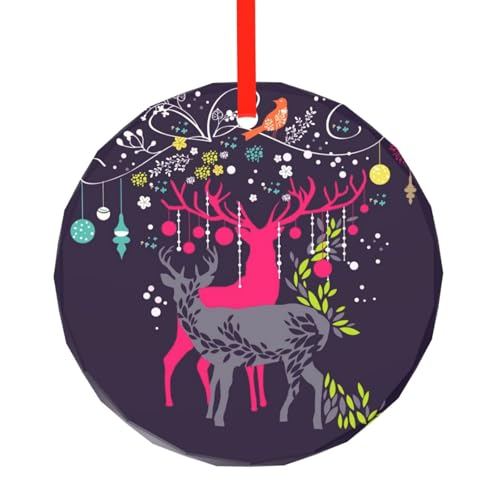 YZHYWJFF Elch und Weihnachtsbaum gedruckt kreisförmiger Glasanhänger Weihnachtsbaumschmuck von YZHYWJFF