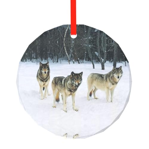 YZHYWJFF Eleganter Wolf bedruckter runder Glasanhänger Weihnachtsbaumschmuck von YZHYWJFF