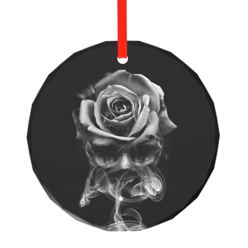 YZHYWJFF Feuerschädel Rose gedruckt kreisförmiger Glasanhänger Weihnachtsbaumschmuck von YZHYWJFF