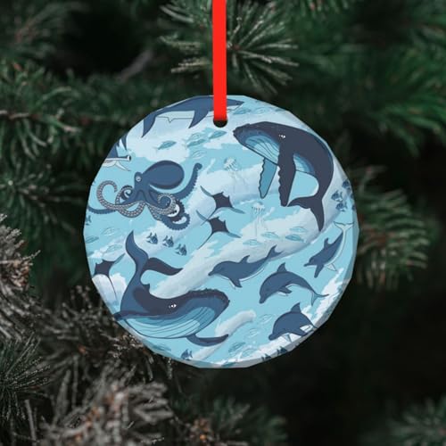 YZHYWJFF Fisch und Oktopus bedruckter runder Glasanhänger Weihnachtsbaumschmuck von YZHYWJFF