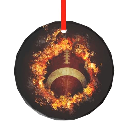 YZHYWJFF Flammender American Football bedruckter runder Glasanhänger Weihnachtsbaumschmuck von YZHYWJFF