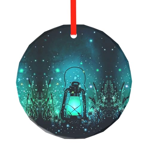 YZHYWJFF Glühwürmchen und Laterne bedruckt kreisförmiger Glasanhänger Weihnachtsbaumschmuck von YZHYWJFF