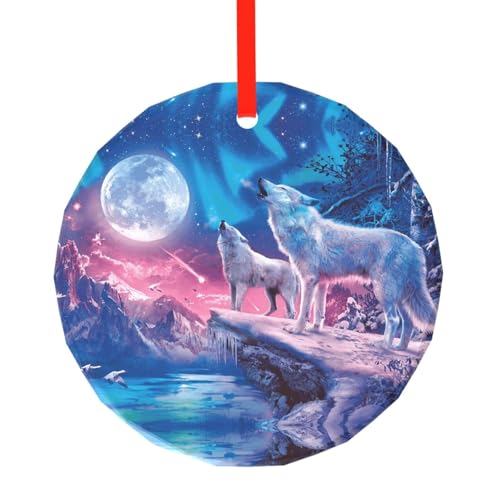 YZHYWJFF Heulender Wolf bedruckter runder Glasanhänger Weihnachtsbaumschmuck von YZHYWJFF