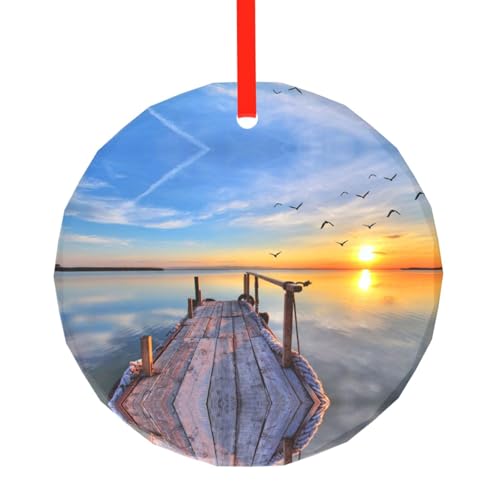YZHYWJFF Lake Under Sunset Bedruckter runder Glasanhänger Weihnachtsbaumschmuck von YZHYWJFF