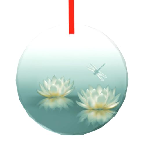 YZHYWJFF Libelle mit Seerose bedruckter runder Glasanhänger, Weihnachtsbaumschmuck von YZHYWJFF