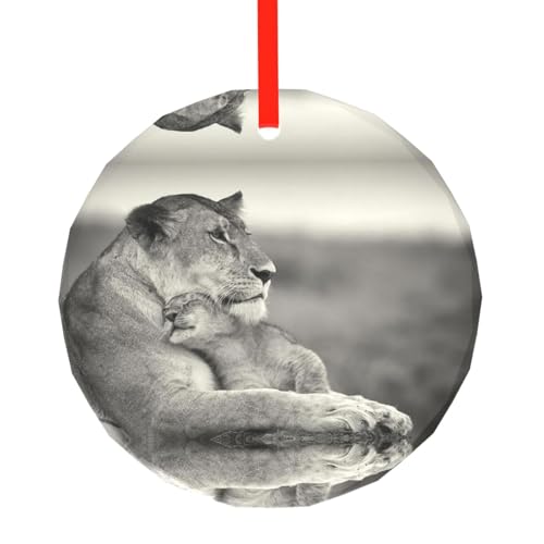 YZHYWJFF Löwin mit Junges bedruckter runder Glasanhänger Weihnachtsbaumschmuck von YZHYWJFF
