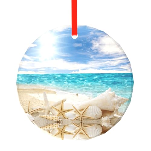 YZHYWJFF Ocean Beach Bedruckter runder Glasanhänger Weihnachtsbaumschmuck von YZHYWJFF