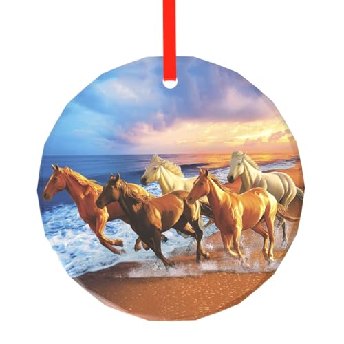 YZHYWJFF Pferde am Strand bedruckter runder Glasanhänger Weihnachtsbaumschmuck von YZHYWJFF
