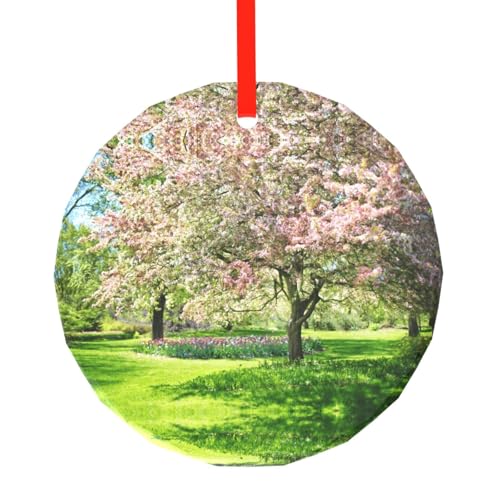 YZHYWJFF Rosafarbene Blumen auf dem Baum bedruckter runder Glasanhänger Weihnachtsbaumschmuck von YZHYWJFF