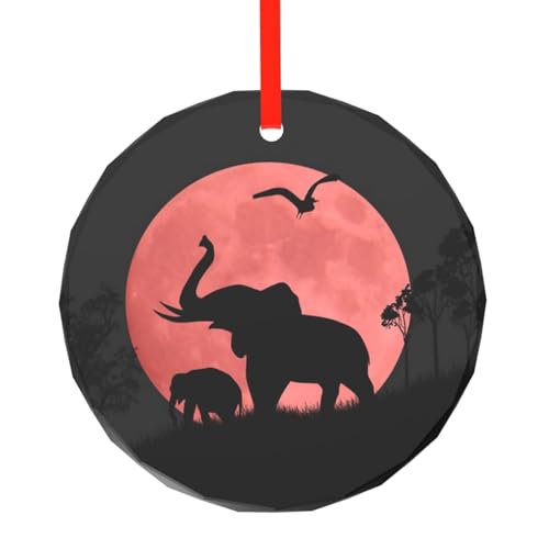 YZHYWJFF Rosafarbener Mond Elefant bedruckter runder Glasanhänger Weihnachtsbaumschmuck von YZHYWJFF