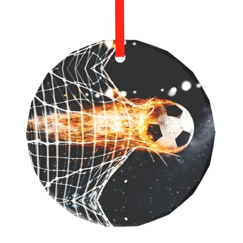 YZHYWJFF Runder Glasanhänger mit Fußball-Feuer-Druck, Weihnachtsbaumschmuck von YZHYWJFF