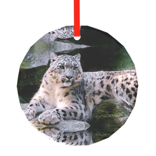 YZHYWJFF Schneeleopard bedruckter runder Glasanhänger Weihnachtsbaumschmuck von YZHYWJFF
