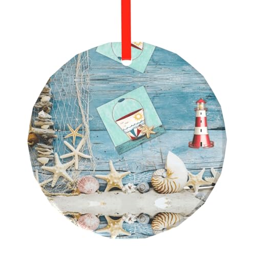 YZHYWJFF Seestern Leuchtturm Strand Gedruckt Kreis Glas Anhänger Weihnachtsbaum Dekoration von YZHYWJFF