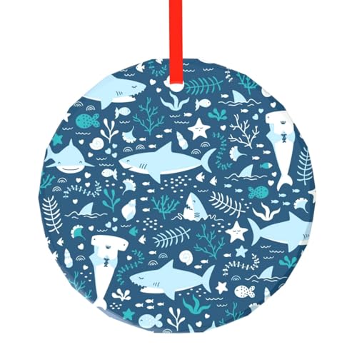 YZHYWJFF Süßer blauer Fisch gedruckt kreisförmiger Glasanhänger Weihnachtsbaumschmuck von YZHYWJFF