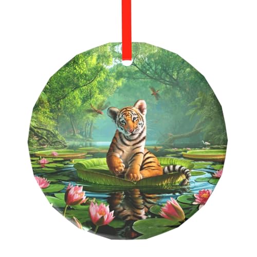YZHYWJFF Tiger und Lotusblumen gedruckt kreisförmiger Glasanhänger Weihnachtsbaumschmuck von YZHYWJFF