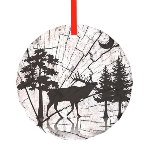 YZHYWJFF Wilder Elch schwarze Silhouette bedruckter runder Glasanhänger Weihnachtsbaumschmuck von YZHYWJFF