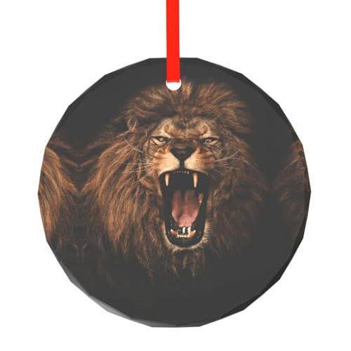 YZHYWJFF Wütender brüllender Löwe bedruckter runder Glasanhänger Weihnachtsbaumschmuck von YZHYWJFF