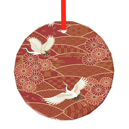YZHYWJFF Zwei Kraniche Chrysanthemen gedruckt kreisförmige Glasanhänger Weihnachtsbaumschmuck von YZHYWJFF