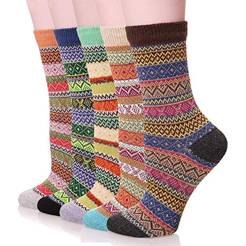YZKKE Damen-Waden-Socken, Vintage-Stil, weich, warm, dick, kaltgestrickt, Wolle, mehrfarbig, Einheitsgröße, 5er-Pack von YZKKE