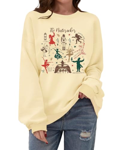 YZMI Damen Weihnachten Nussknacker Sweatshirt Rundhalsausschnitt Langarm Shirt Xmas Urlaub Pullover Tops, C-Creme, M von YZMI