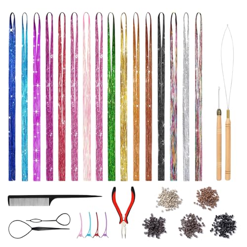 YZROHYI 16 Stück Glitzer Strähnen Haare,Glitter Hair Tinsel Set,Haar Lametta für Die Haare mit Werkzeug,Glitzer Extensions Haare,Bunte Haarsträhnen zum Einklipsen,Haarsträhnen zum Einflechten von YZROHYI