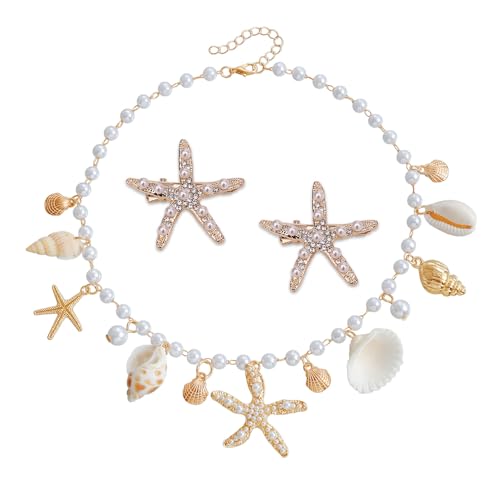 YZROHYI 3 Stück Halskette Muscheln Meerjungfrau Schmuck,Muschelkette Mit Perlen,Boho Seestern Haarspangen,Muschel Anhänger Kette,Muschels Halskette Mode,Muschels Accessoires Damen,Seashell Necklace von YZROHYI