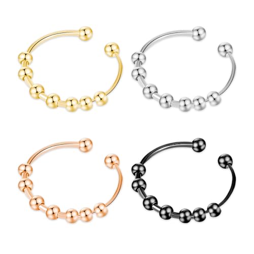 YZROHYI 4 Stück Anxiety Rings,Anti Stress Ring Perlen,Fidget Ring Edelstahl,Angstring Verstellbar,Stressring Finger,Akkupressurringe Metall,Fidget Spinner Rings,Schmuck Geschenke Frauen Herren von YZROHYI