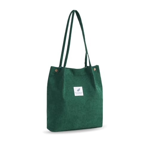 YZROHYI Stoff Tragetasche Cord Groß, Tasche Shopper Umhängetasche Stoff,Stofftasche zum Umhängen,Canvas Shoulder Bag,Beuteltasche Damen Tote Bag,Schultertasche Schule Handtasche Arbeit - Dunkelgrün von YZROHYI