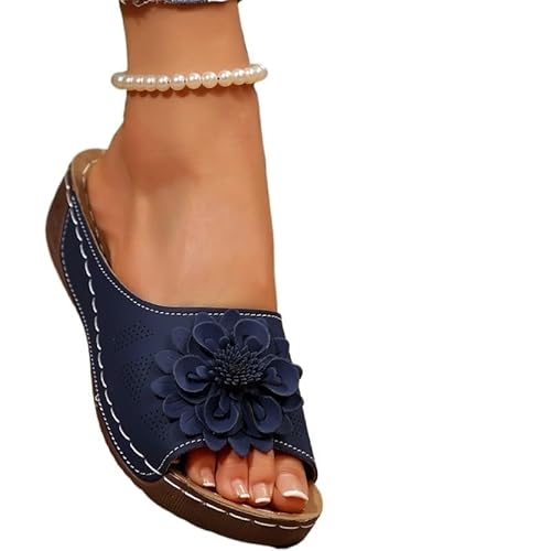 YZWHKJ Damensandalen,Sandalen Damen Schuhe Damen Sandalen Sommer Retro Damenschuhe Slip-On for Frauen Keilsandalen Frau Rutschfeste Slipper Weiblich(Deep Blue,42) von YZWHKJ