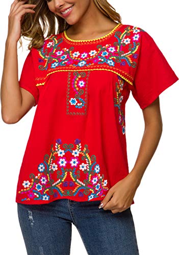 YZXDORWJ Damen Bluse bestickt mexikanisch Bauer - Rot - Mittel von YZXDORWJ
