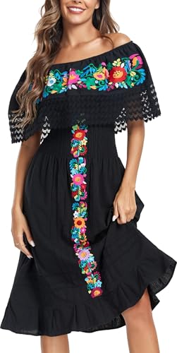 YZXDORWJ Damen Mexikanisches Off-Shoulder Kleid Besticktes Boho Blumenkleid, 4834BK, Mittel von YZXDORWJ