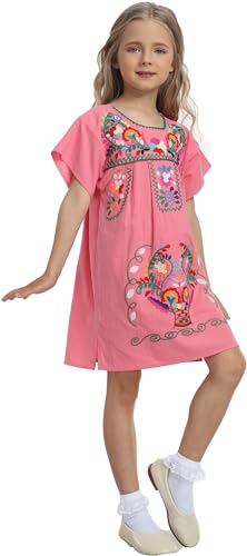 YZXDORWJ Mexikanisches Mädchenkleid, bestickt, traditionelles Blumenmuster, kurze Ärmel, G20pink, 116 von YZXDORWJ