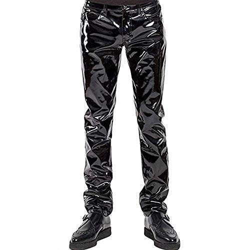Herren Slim Fit Soft PU Faux Leder Biker Hose Trachtenlederhose Lederhosen,Enge Hosen für Herren Jeans Style in PVC Schwarz Classic Fly Front (L) von YZYP