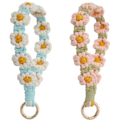 YaLiyA 2 Stück Makramee Schlüsselanhänger Armband, Handgefertigter Armband Schlüsselband Kurz Boho Handgelenk Lanyard, Niedlicher Gänseblümchen Schlüsselanhänger für Schlüssel, Autoschlüsseln von YALiya