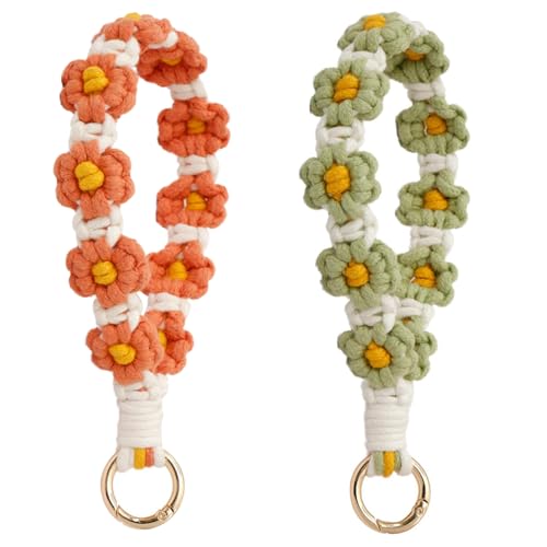 YaLiyA 2 Stück Makramee Schlüsselanhänger Armband, Handgefertigter Armband Schlüsselband Kurz Boho Handgelenk Lanyard, Niedlicher Gänseblümchen Schlüsselanhänger für Schlüssel, Autoschlüssel von YALiya