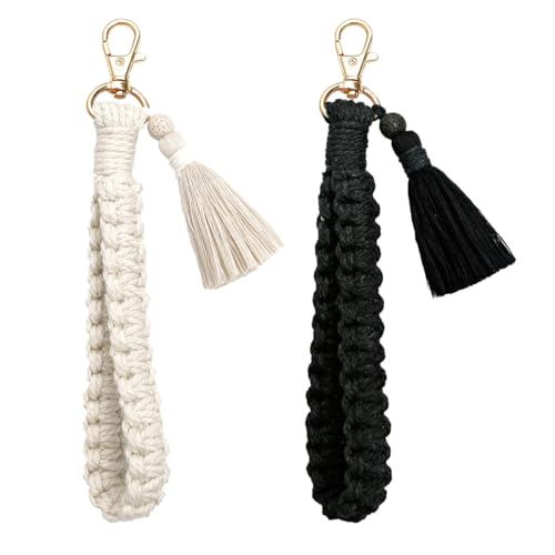YaLiyA Makramee Schlüsselanhänger Boho Geflochtener Schlüsselanhänger Makramee Handgefertigtes Armband Schlüsselband Handgefertigtes Armband Quaste Anyards für Damen Rucksack Münzgeldbörse von YALiya
