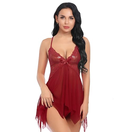 YaShaer Negligee Damen Dessous für Frauen Spitze Babydoll Lingerie Kleid V Ausschnitt Nachtwäsche Set Reizwäsche Sleepwear, Rot,L von YaShaer