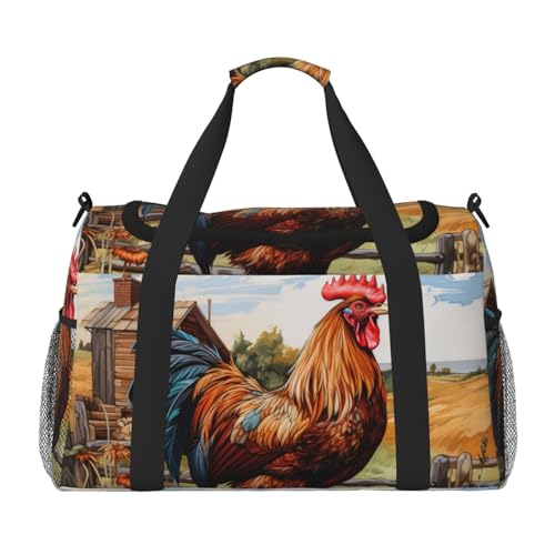 Hahn auf Holz im Bauernland-Druck, Übernachtungstasche für Damen und Herren, Umhängetasche, Handgepäcktasche für Reisen, Reiseutensilien, Schwarz, Einheitsgröße Hahn auf Holz im Bauernland-Druck, Übernachtungstasche für Damen und Herren, Umhängetasche, Handgepäcktasche für Reisen, Reiseutensilien, Schwarz, Einheitsgröße von YaWea