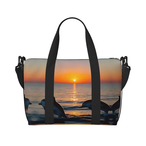 Sporttasche für Damen, Wochenend-Übernachtungstasche, Schultertasche für Damen und Herren, Motiv: Sonnenuntergang mit Delfinen, Schwarz, Einheitsgröße von YaWea