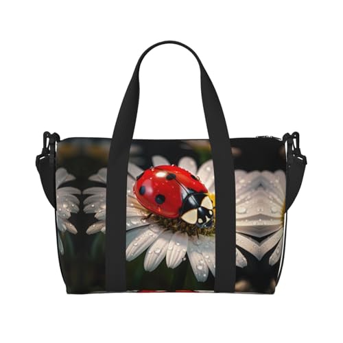 Sporttasche mit Marienkäfer-Blumendruck für Damen, Wochenendtasche, Übernachtungstasche, persönliche Gegenstände, Schultertasche für Damen und Herren, Schwarz, Einheitsgröße von YaWea