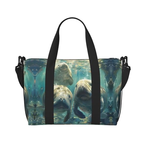 Sporttasche mit Seekuh-Aufdruck für Damen, Wochenendtasche, Übernachtungstasche, persönliche Gegenstände, Schultertasche für Damen und Herren, Schwarz, Einheitsgröße von YaWea