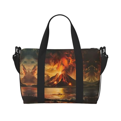 Sporttasche mit Vulkan-Aufdruck, für Damen, Wochenendtasche, Übernachtungstasche, persönliche Gegenstände, Schultertasche für Damen und Herren, Schwarz, Einheitsgröße von YaWea