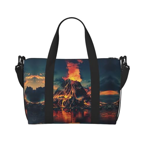 Sporttasche mit Vulkan-Aufdruck, für Damen, Wochenendtasche, Übernachtungstasche, persönliche Gegenstände, Schultertasche für Damen und Herren, Schwarz, Einheitsgröße von YaWea