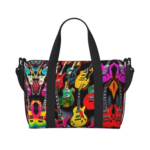 Sporttasche mit buntem Gitarrendruck für Damen, Wochenendtasche, Übernachtungstasche, persönliche Gegenstände, Schultertasche für Damen und Herren, Schwarz, Einheitsgröße von YaWea