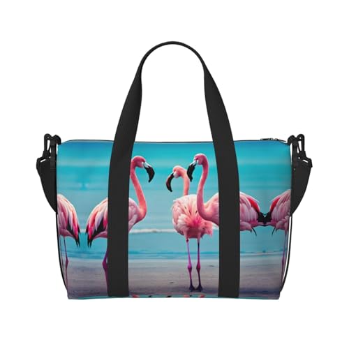 Turnbeutel mit Flamingo-Strand-Aufdruck für Damen, Wochenendtasche, Übernachtungstasche, persönliche Gegenstände, Schultertasche für Damen und Herren, Schwarz, Einheitsgröße von YaWea